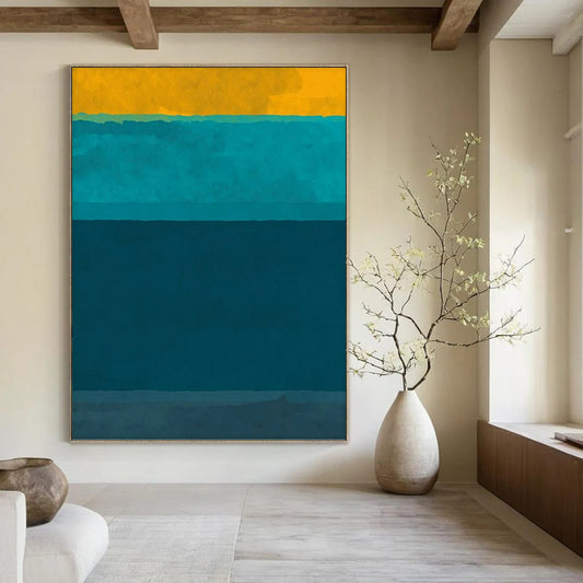 “Sunny Yellow & Ocean - Blue Stripes” - Minimalist Color - Block Painting On Canvas DKH1623