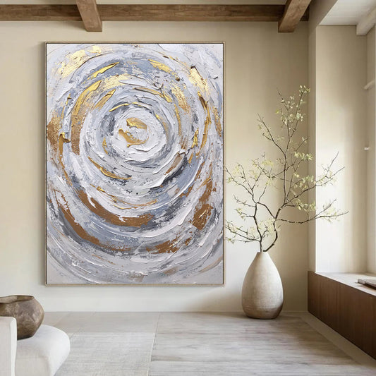 Silver - Gray and Gold Swirl - Abstract Impasto Painting On Canvas DKH1286