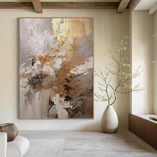 Gold & White Textured Blend - Abstract Impasto Painting On Canvas DKH1246