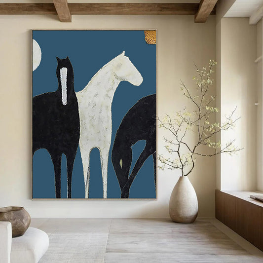 Stylized Black and White Horses on Blue - Equine Painting On Canvas DKH1440
