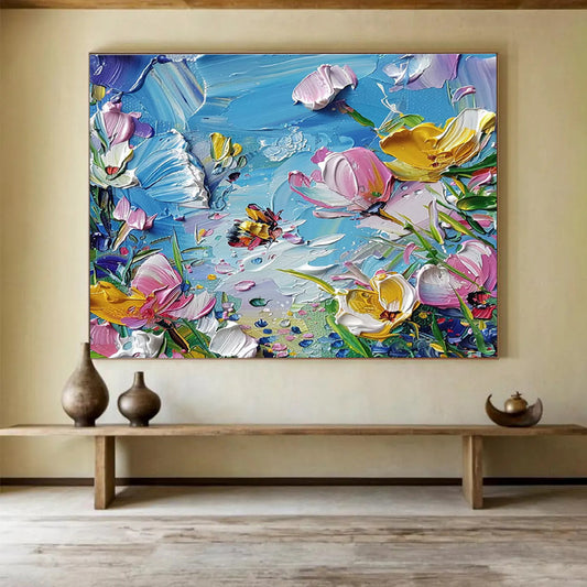 “Textured Floral Bee” - Lively Botanical Painting On Canvas DKH834