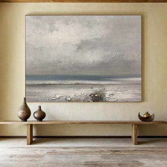 “Textured Gray Seaside” - Gray & Blue Impasto Coastal Painting On Canvas DLZ265
