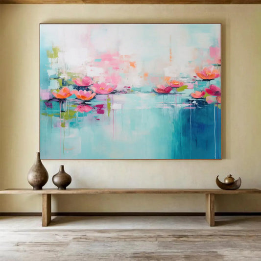 “Blush Lotus Pond” Impressionist - Inspired Oil Painting On Canvas DKH493