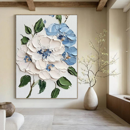 Blue, White and Green Floral 3D Effect - Impasto Flower Painting On Canvas DKH1387