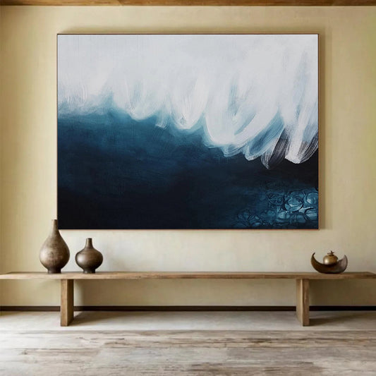 Monochromatic Abstract Wave - Shades of Blue and White Painting On Canvas DKH039