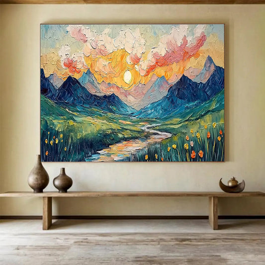 “Impasto Mountain Sunset” - Textured Landscape Painting On Canvas DKH856