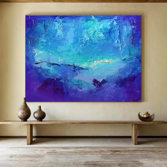 “Blue Ocean Depths” - Blue, Purple, White Textured Abstract Seascape Painting On Canvas DKH720