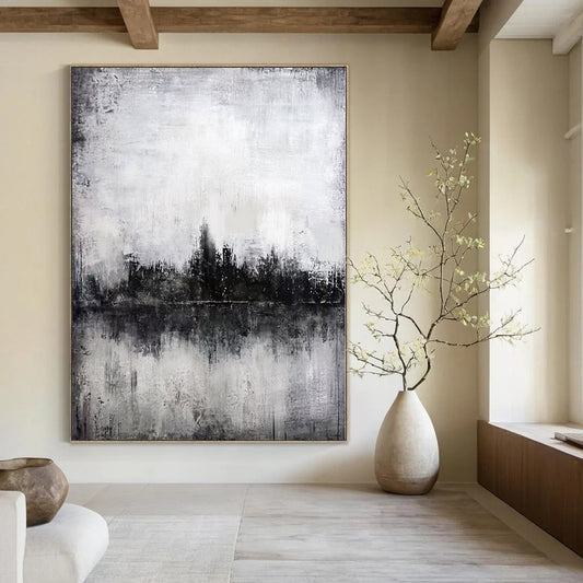 “Moody Black - White Cityscape Reflection” – Abstract Landscape Painting CT1090