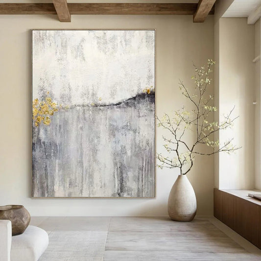 “Golden Mist” - Gray, White & Gold Textured Abstract Painting On Canvas DKH1173