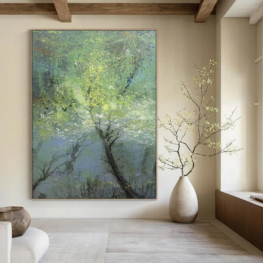 “Misty Green Forest” - Green, Blue, Gray Abstract Landscape Painting On Canvas DTP247