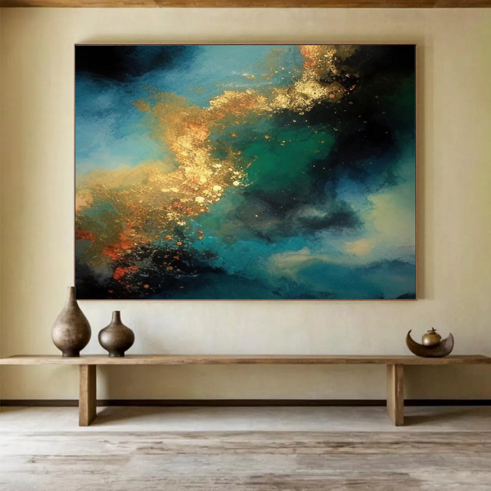 “Blue - Green With Gold Swirls” Abstract Painting On Canvas DLZ072
