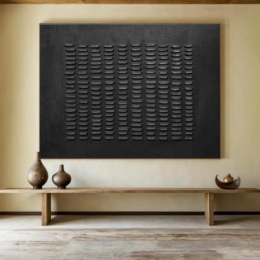 Textured Black Abstract “Tactile Black Grid” Painting On Canvas DKH089