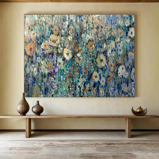 Impressionistic Wildflower Field - Blue, Green & Yellow Floral Painting On Canvas DKH897