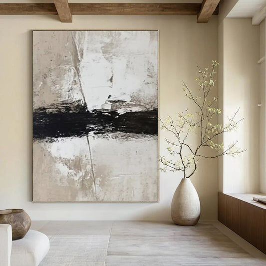 “Beige, White & Black Textured Abstract Strokes” Painting On Canvas DKH0976