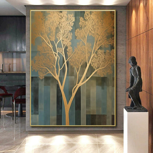 “Gold - Blue Abstract Tree” ,Abstract Acrylic Painting CT0827