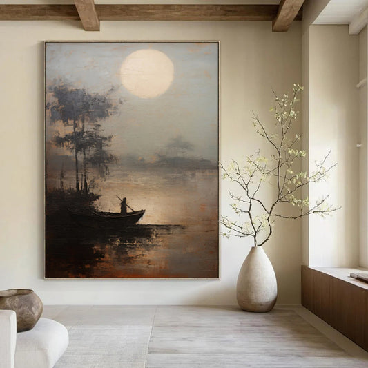 “Moonlit Lake Fisherman” – Atmospheric Landscape Oil CT2094