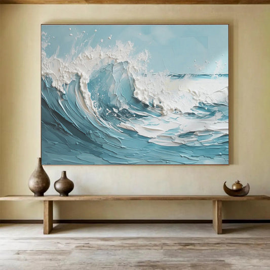 3D Textured Ocean Wave - Blue and White Impasto Painting On Canvas DKH042