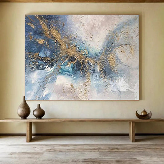 Blue & Gold Abstract Swirl - Gray & Gold Fluid Art Painting On Canvas DKH880