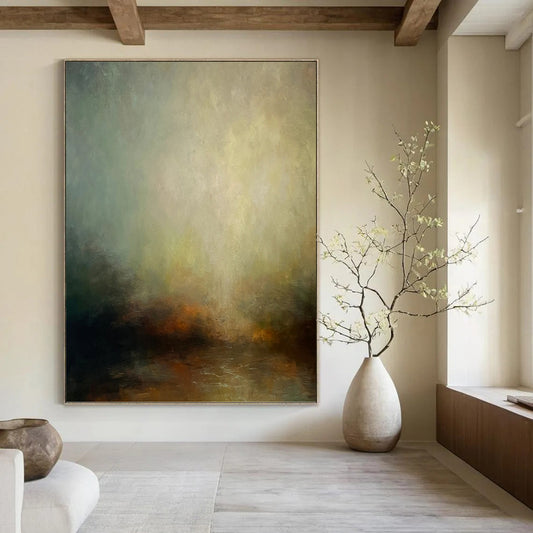 “Ethereal Glow” - Green, Yellow, Gray & Brown Abstract Landscape Painting On Canvas DKH1535