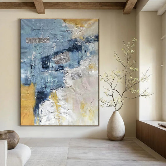 “Textured Blue - Gold Abstract” - Blue, Gold, Gray Abstract Painting On Canvas DTP255