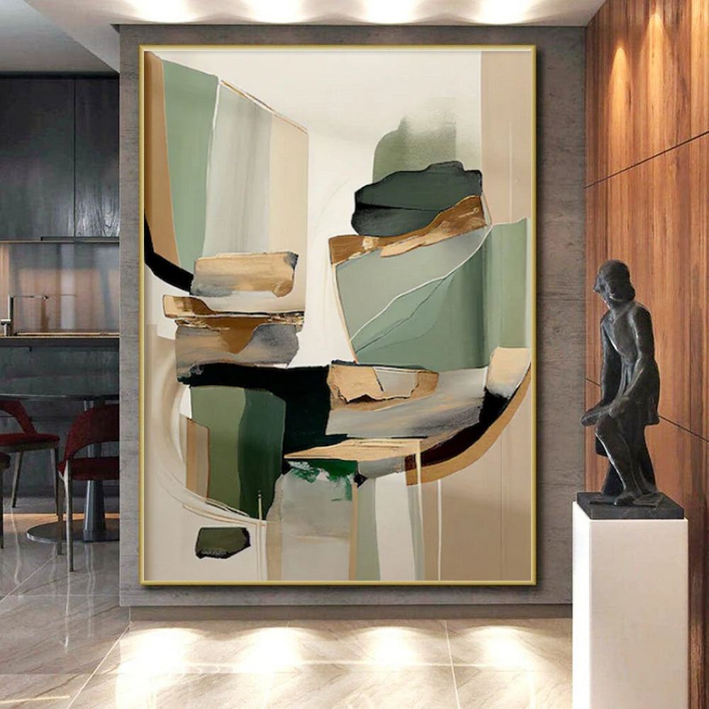 Green, Beige & Gold Geometric Forms, “Elegant Abstraction” - Mixed - Media Abstract Painting CT0764