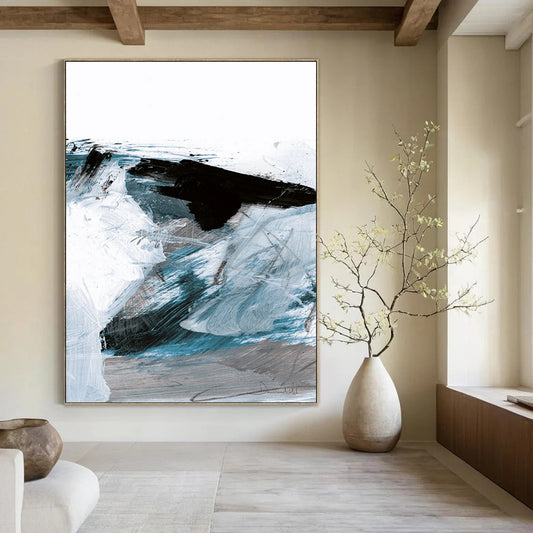 “Dynamic Blue Abstract Waves” - Blue, White, Black Abstract Painting On Canvas DTP220