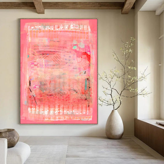 “Pink & Patchwork” - Abstract Mixed - Media Collage Art on Canvas CT1863