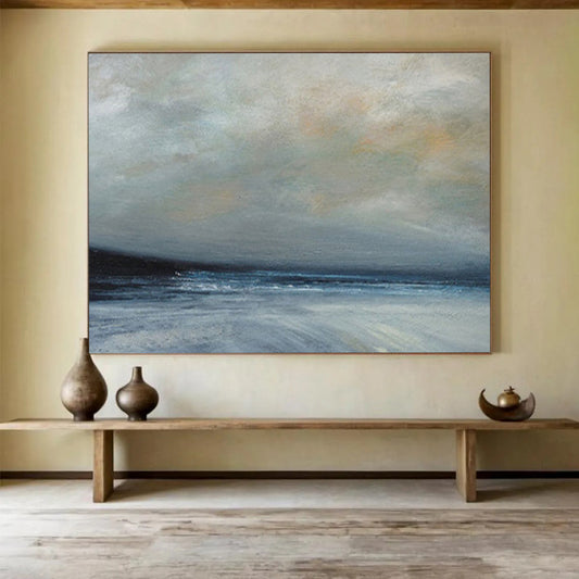 “Gray, Blue, Misty Ocean ‘Moody Maritime’” - Impressionist Seascape Painting On Canvas DLZ022