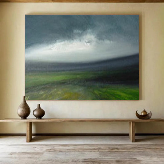 “Green, Gray, Blue Landscape ‘Moody Horizon’” - Abstract Landscape Painting On Canvas DLZ005