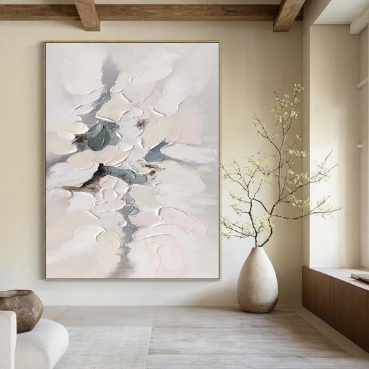 “Soft Impasto Blooms” - White, Gray & Blue Textured Abstract Painting On Canvas DKH1174