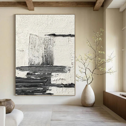 “White, Black Textured Layers ‘Calm Complexity’” - Impasto Abstract Painting On Canvas DTP388