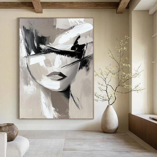 “Monochrome Abstract Face” - Black, White & Gray Abstract Portrait Painting On Canvas CT2193