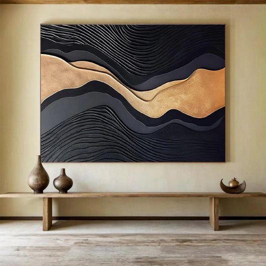 Black, Gold, and Gray Textured Abstract “Luxurious Wave Textures” Painting On Canvas DKH149