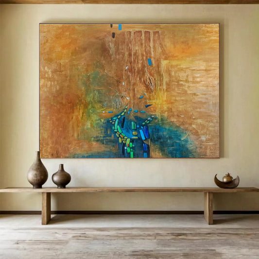 “Brown, Blue & Green Abstract Cascade” Abstract Surrealist Painting On Canvas DKH388