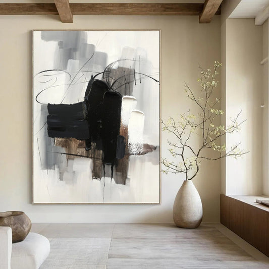 Black, Gray, and White Abstraction - Abstract Expressionist Painting On Canvas DKH1275