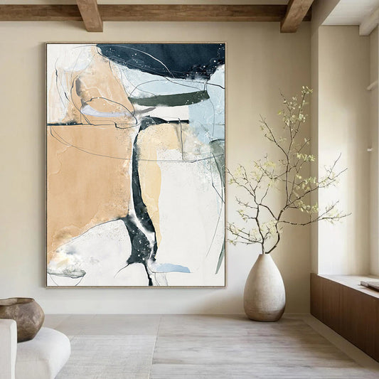 “Fluid Connections” - Beige, Blue, Black & White Abstract Lines Painting On Canvas DKH1523