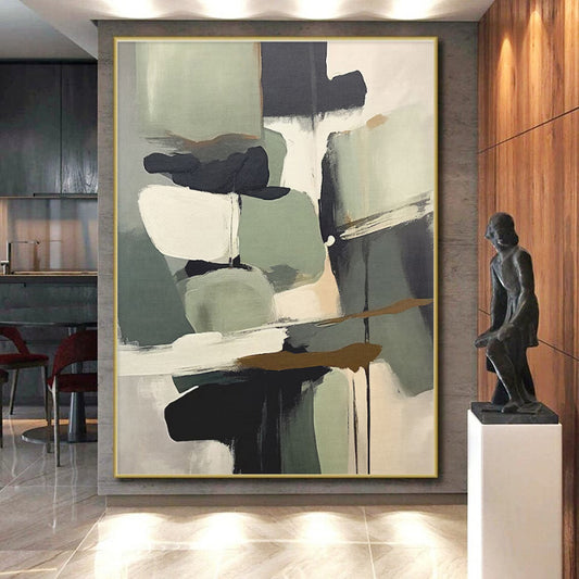 Muted Green, Gray & Black Shapes, “Nature’s Palette” - Abstract Expressionist Acrylic Painting CT0748