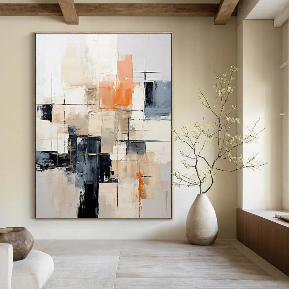Beige, Orange & Black Abstract - Textured Abstract Painting On Canvas CT2261