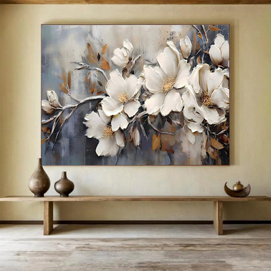 “Elegant Magnolias” - White, Gray, Gold Textured Floral Impasto Painting On Canvas DKH707