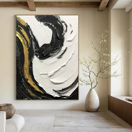 “Black, White, Gold Swirl ‘Elegant Dynamism’” - Impasto Abstract Painting On Canvas DTP381