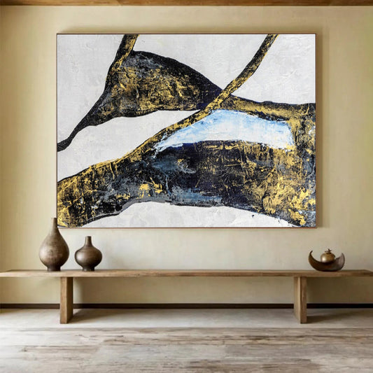“Gilded Organic Shapes - Black, Gold, and Blue” Painting On Canvas DKH011