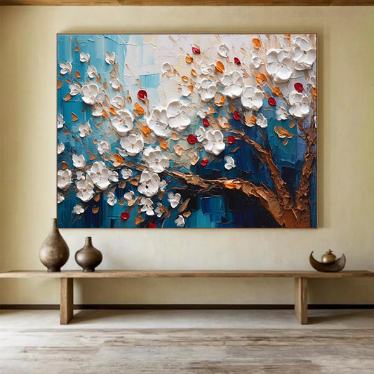 Textured White Flower Tree - White, Orange, Red & Blue Floral Painting On Canvas DKH888