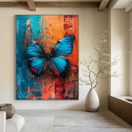 “Vibrant Blue Butterfly” - Blue, Orange & Red Butterfly Painting On Canvas CT2194