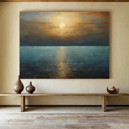 Golden Sunset and Blue Ocean “Serene Solar Reflections” Painting On Canvas DKH102