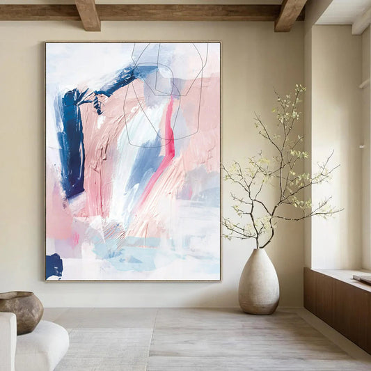 Pink, Blue, White & Navy Linear - Textured Mix - Abstract Painting On Canvas CT2311