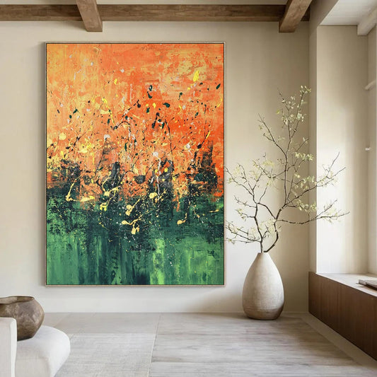 “Orange - Green Splatter Abstract” ,Abstract Expressionist Acrylic Painting CT0926