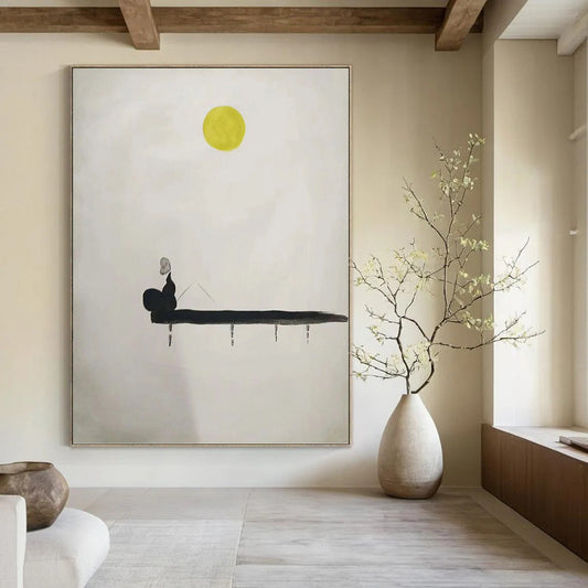 “Moonlit Solitude” - Black, White, and Yellow Minimalist Figure Painting On Canvas DKH1562