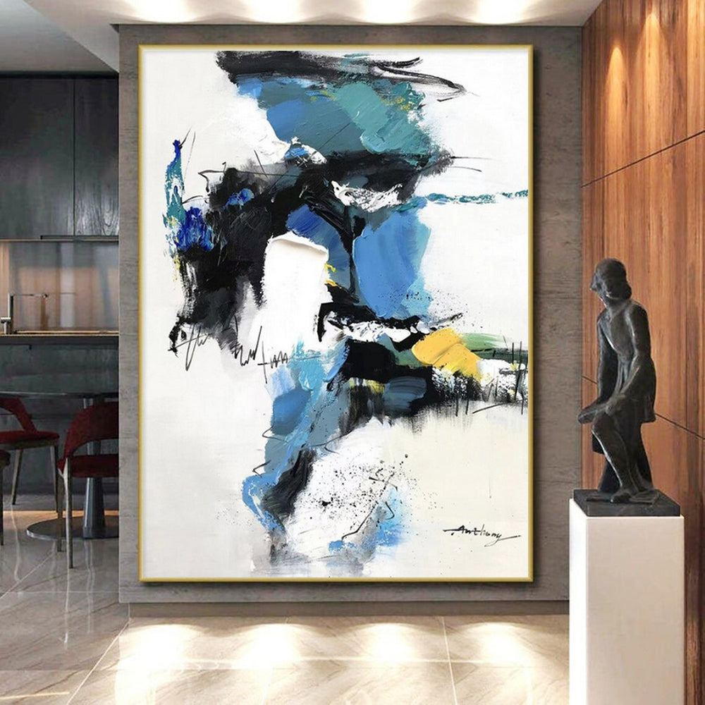 Blue, Black, White, Yellow & Green Abstract Mix, “Vivid Chaos” - Impasto Abstract Painting CT0781