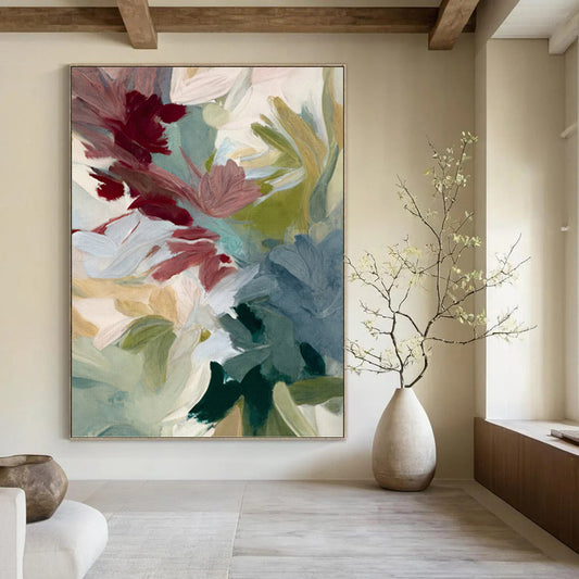 Mauve, Teal, and Green Floral Abstract - Contemporary Flower Painting On Canvas DKH1351