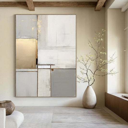 Grey - Gold Geometric Abstraction - Minimalist Geometric Acrylic Painting CT1432